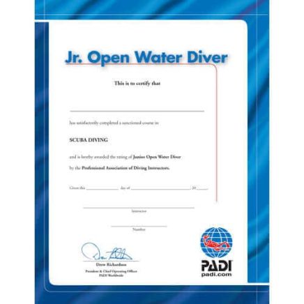 PADI Junior Open Water Diver Wall Certificate
