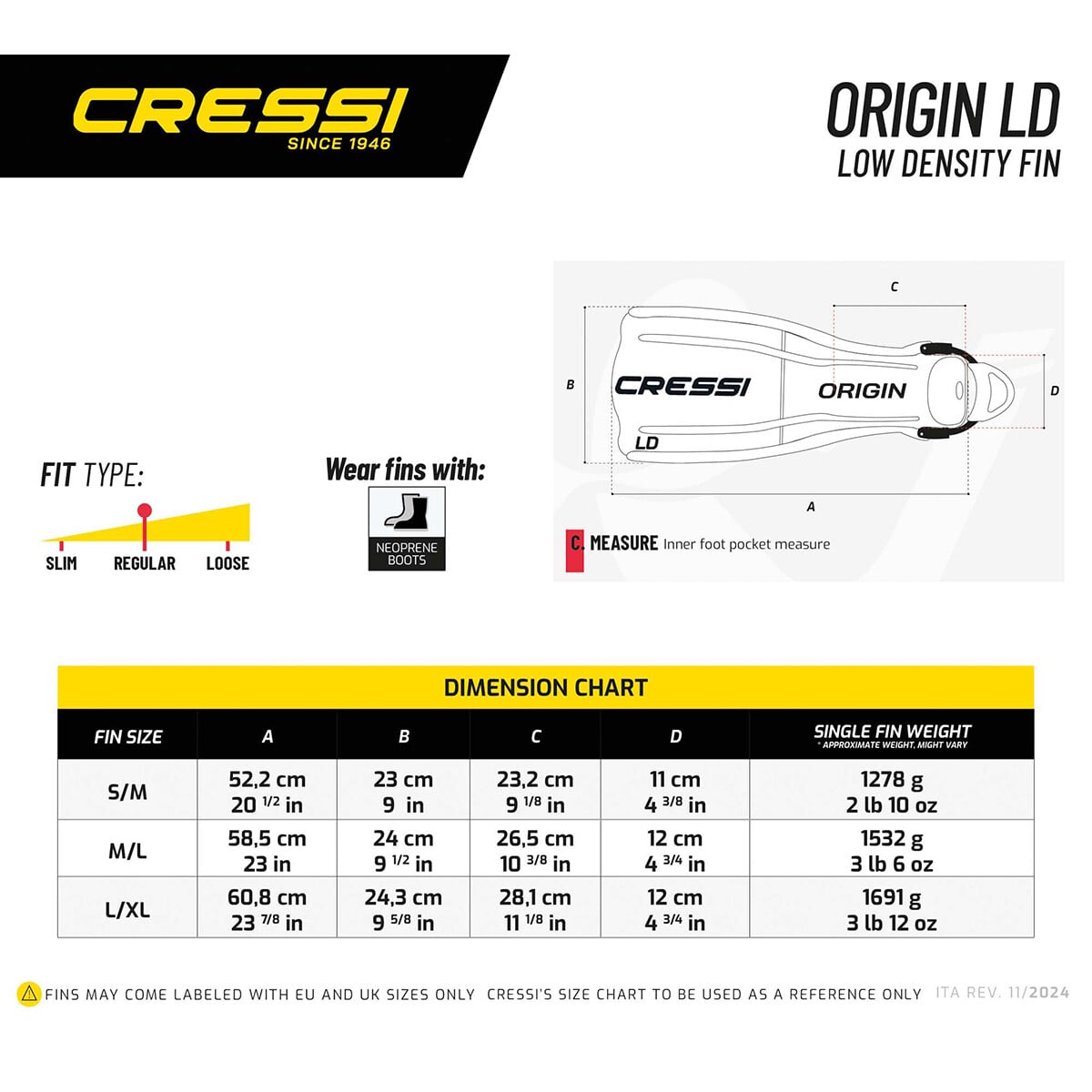 Cressi Origin LD Tech Dive Fins Dimensions Guide
