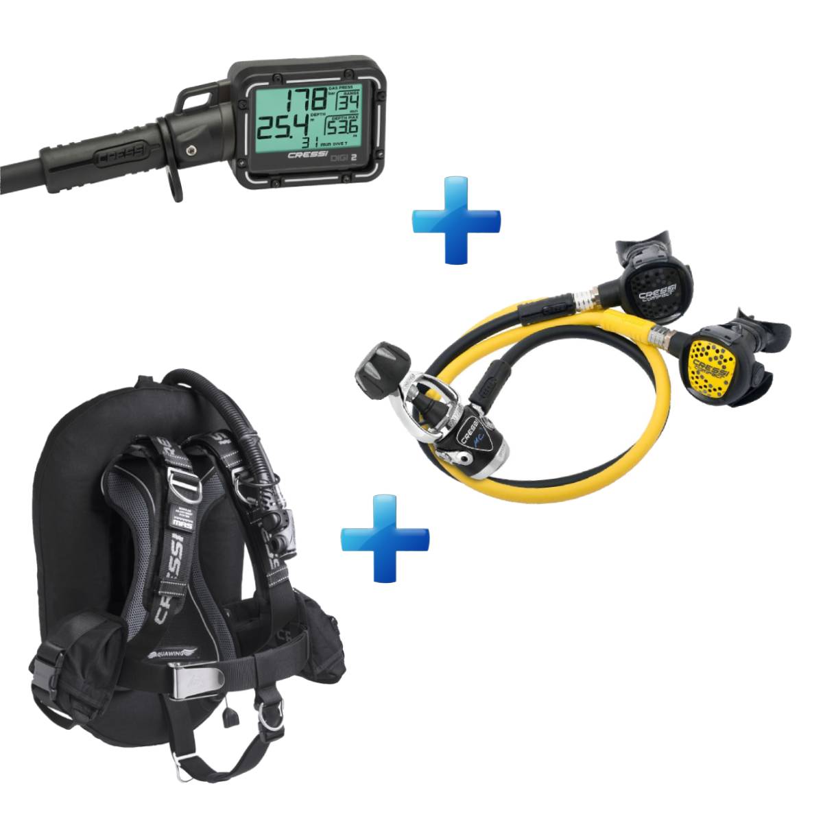 Cressi MC-9 Compact Pro + Digi 2 Console + Aquawing BCD | Dive Package